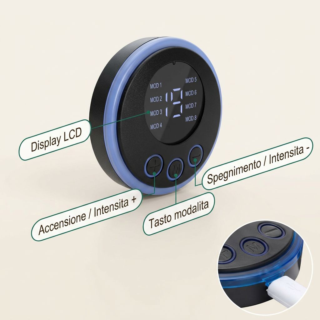 Unità centrale del tappetino PassoPiuma: display LCD, 8 modalità, regolazione dell'intensità e ricarica via USB